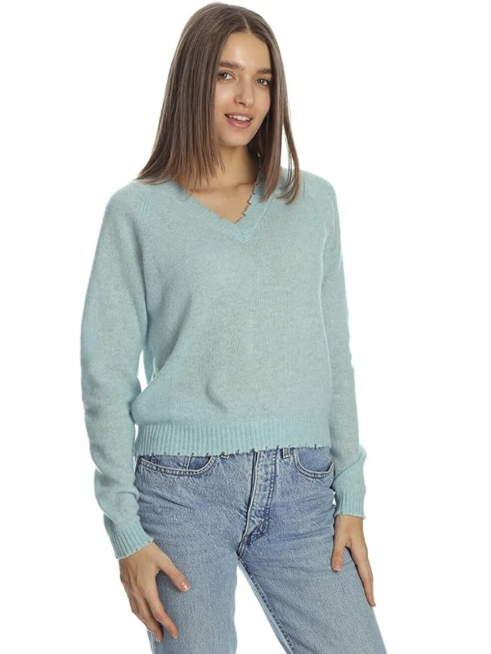Minnie Rose Cotton Cashmere Frayed Edge V Neck Seashore L $168